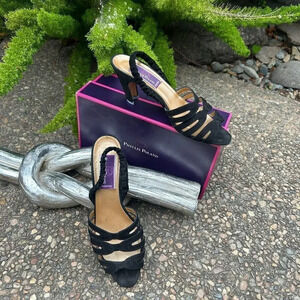 Phyllis Poland Black Suede Strappy Slingback Sandals Leather Soles
